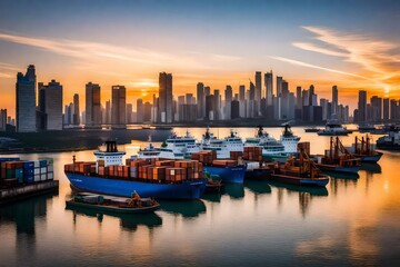 A bustling waterfront port at sunrise, cargo ships unloading against a backdrop of modern skyscrapers and lush greenery, reflections of the city lights dancing on the calm water