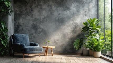 Elegant living room interior with a sophisticated dark blue armchair for a touch of luxury