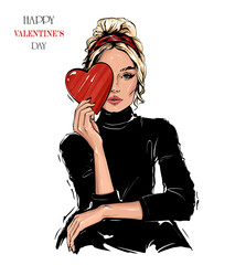 Beautiful fashion woman holding red heart. Valentines day concept. Vector illustration