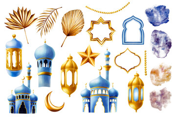 Watercolor big set of Ramadan Kareem or Eid Al Adha 2024 isolated illustrations. Islamic mosque and minaret, golden pampas grass, date palm branch, arabian mosaic, gold moon, lanterns on a gol - obrazy, fototapety, plakaty