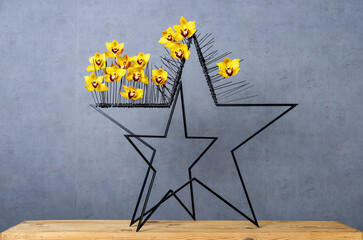 orchids on decorative metal star-shaped black frame
