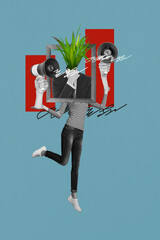 Creative drawing collage picture of funny female frame instead head plant hold megaphone weird...