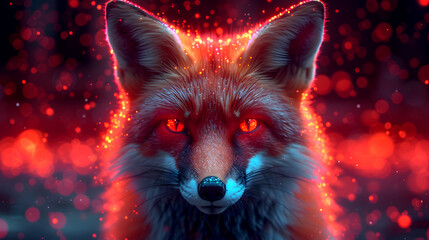 Fox with glowing eyes on a red background. Ai generated.