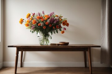 wooden table next to a blank wall with a bunch of vase flowers,the interior of a house Scandinavian style interior