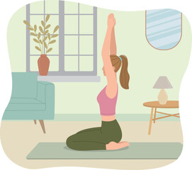 Fototapeta na wymiar Vector illustration of a woman doing yoga at home. Сoncept of physical practice in flat style 