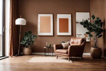  Room with brown wall with empty frame mockup and wooden floor with brown modern armchair ,Bright room interior mockup, Empty room for mockup 