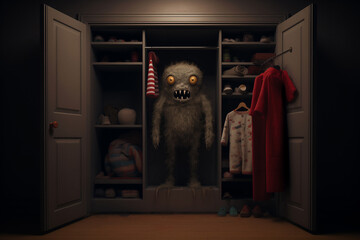 The monster in the closet is a child's fantasies and fears, fear of darkness and enclosed spaces.  - obrazy, fototapety, plakaty