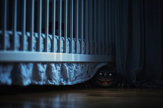 Monster under the baby's bed (сrib). It scares a child at night with a squeaking claws and strange sounds. Children's fear of monsters, ghosts and darkness.