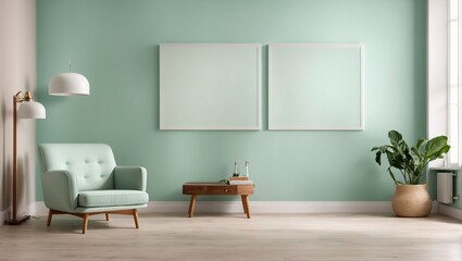 room with a wooden floor, a mint wall with an empty frame mockup, and a white modern armchairInterior of a bright room mockup, empty room for mockup