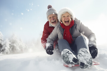 An adult couple is sledding in the mountains, surrounded by snowy trees. An elderly retired couple is having fun in the snow, enjoying a winter day and sledding.