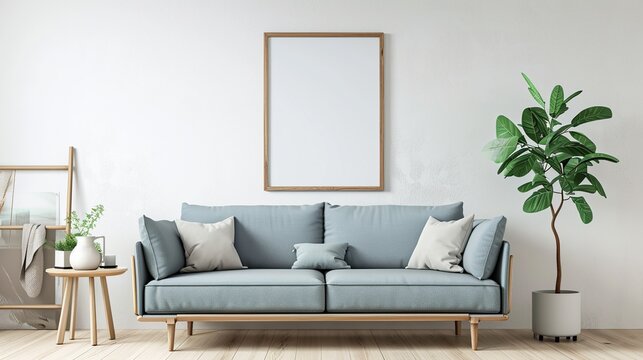 Living room interior design simple scene with frames. Modern scandinavian interior. 3d illustration.