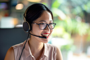 Close-up beautiful Asian woman wearing microphone headset and glasses. Telemarketing customer service agent, call center job concept