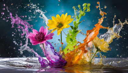 Water splashed with on the colorful  flowers 