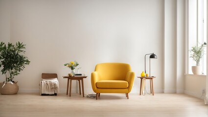  Room with white wall and wooden floor with yellow modern armchair ,Bright room interior mockup, Empty room for mockup 