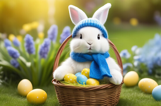 Cute Easter bunny in blue scarf with busket of Easter eggs in beautiful garden with flowers, blurred background
