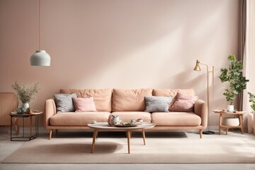 Scandinavian style interior with sofa and coffe table, Empty wall mock up in minimalist interior with pastel colors