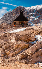 Alpine summer view with a chapel at Schneeferner glacier, Zugspitzplatt, Mount Zugspitze, Top of...
