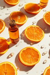 Scene with natural cosmetics with Vitamin C and citrus slices Natural orange oil, vitamin C serum ready for use in aromatherapy and cosmetology