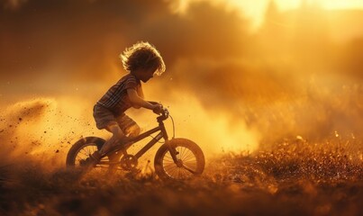 A small child is riding fast on a bicycle, dust is behind him. Golden hour light.