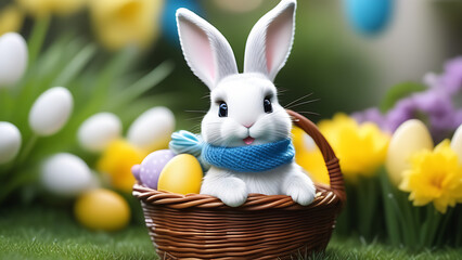 Cute Easter bunny in blue scarf with busket of Easter eggs in beautiful garden with flowers, blurred background
