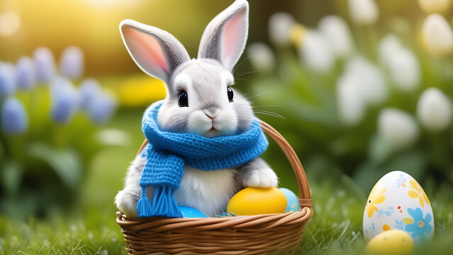 Cute Easter bunny in blue scarf with busket of Easter eggs in beautiful garden with flowers, blurred background