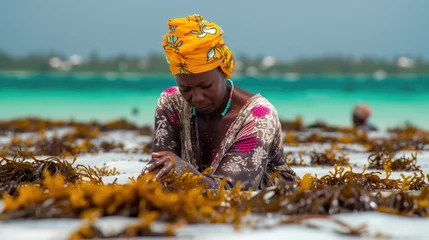 Foto auf Leinwand Women harvest the seaweed for soap, cosmetics and medicin on a sea plantation in traditional dress, island Zanzibar, Tanzania, East Africa © STORYTELLER