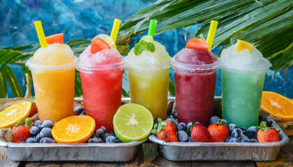 Summer cool slush or smoothie iced fruit juice drinks . - obrazy, fototapety, plakaty