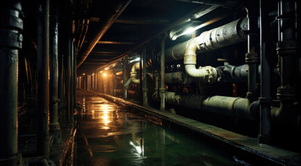 The basement of the factory. The tunnel in perspective. Pipes and communications on the walls....