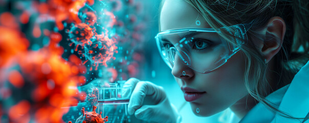 Woman with a painted face in a futuristic medical laboratory conducting research on digital health and technology