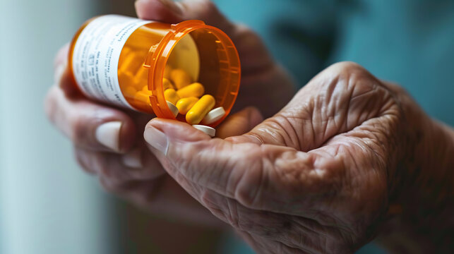 A close-up of an elderly person pouring various pills from a prescription bottle into their hand