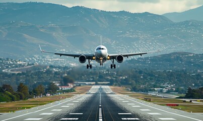 An airplane is landing on runway,  amazing afternoon sun shining background .