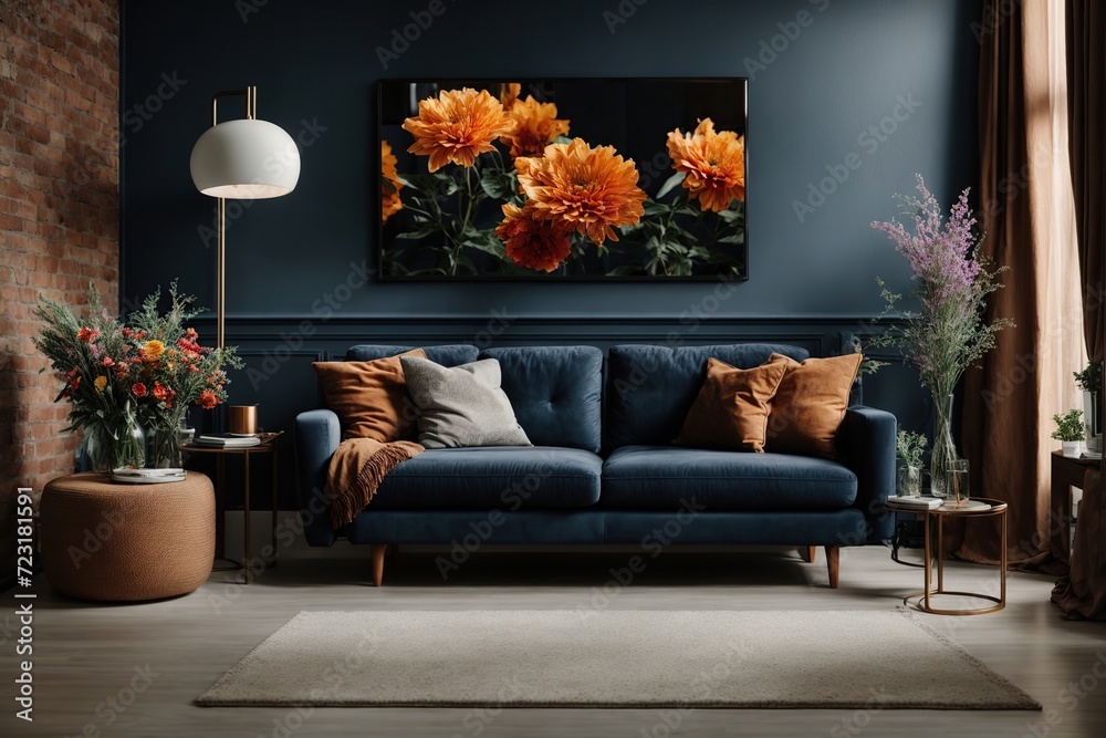 Wall mural  The interior of a modern living room with a dark blue sofa next to a brick wall on which a horizontal poster hangs, in the background you can see a mirror above the cabinet with flowers