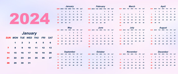 Year 2024 colorful calendar on white background. Vector template. Week starts on Sunday. Desktop planner in simple clean style. English vector calendar layout.