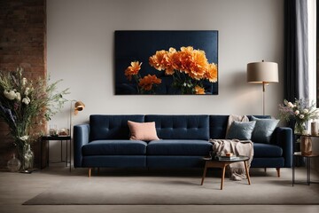 The interior of a contemporary living room features a horizontal poster hanging on a brick wall next a dark blue sofa; in the background, a mirror is seen above the flower-filled cabinet.
