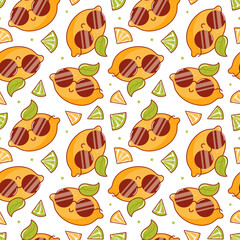 Cool lemons in sunglasses, a cute retro cartoon character. Groovy vintage summer seamless pattern. Trendy old style. 1970s. Tropical exotic fruits. Healthy food. For menu, cafe, wallpaper. Veganuary.