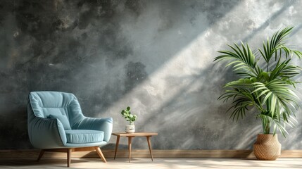 Scandinavian inspired living room featuring a serene light blue armchair and a rustic wooden table for cozy simplicity