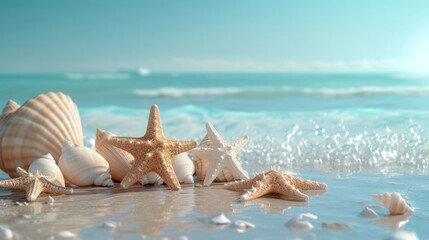 Fototapeta na wymiar sea shells and starfish on beach, Step into the serenity of a summer beach, where the sea water gently cradles starfish and seashells, creating a picturesque coastal symphony
