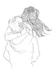 Watercolor romantic couple illustration. Silhouette of boy and girl in love hugging graphic isolated on white background. Relashionship concept. Love themed poster.Wall art romance.