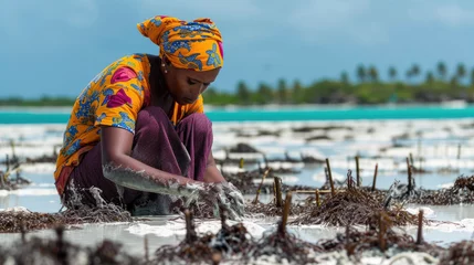 Fototapeten Women harvest the seaweed for soap, cosmetics and medicin on a sea plantation in traditional dress, island Zanzibar, Tanzania, East Africa © STORYTELLER