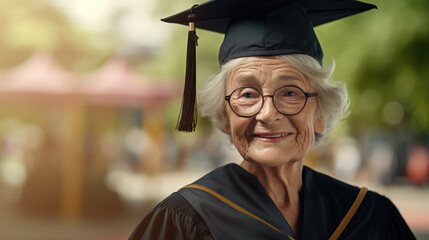 Elderly woman wearing graduate cap on blurred background with space for text