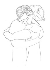 Watercolor romantic couple illustration. Silhouette of boy and girl in love hugging graphic isolated on white background. Relashionship concept. Love themed poster.Wall art romance.