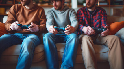 friends playing console video games. controller in hands closeup.