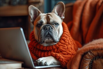 A tech-savvy french bulldog cozily works on his laptop, showing off his stylish brown sweater while lounging on his owner's lap indoors