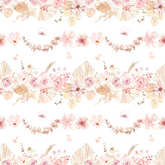 Floral seamless pattern in boho style with Dry flowers and leaves. Pink boho roses and flowers, grass and wild branches. boho background for wedding, textile print, exotic tropical wallpaper texture, 