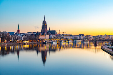 scenic skyline of Frankfurt am Main with reflection in the river, Germany - obrazy, fototapety, plakaty