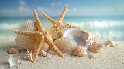 Fototapeta na wymiar sea shells and starfish, Step into the serenity of a summer beach, where the sea water gently cradles starfish and seashells, creating a picturesque coastal symphony