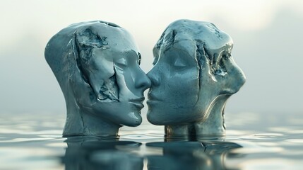 Close-up of a sculptural artwork depicting two faces almost touching, their features softened as if melting into water.