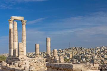 The uncompleted Roman Temple of Hercules at the Amman  Historical downtown of Amman city is in the background.