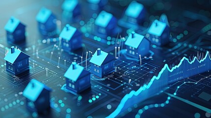 A dynamic representation of smart housing data analytics, this digital model displays illuminated blue houses with rising graphs indicating technological progress. - obrazy, fototapety, plakaty