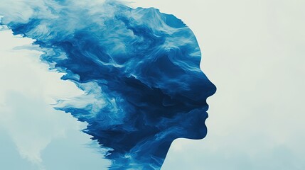 An abstract artistic representation of a human profile composed of flowing, ethereal blue smoke on a serene background.